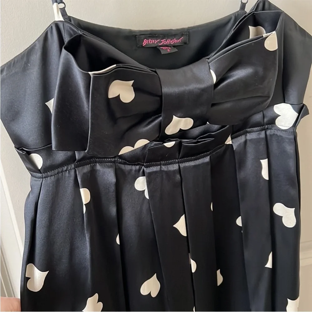 Betsey Johnson 90s Y2k Silk Black White Heart Bow Dress Size 12 RARE - Picture 4 of 5